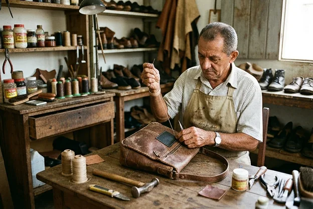 Bolsa de couro com detalhes sendo reformada por um profissional.