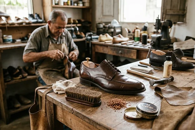 Sapato social acompanhado de produtos de limpeza e cuidado.