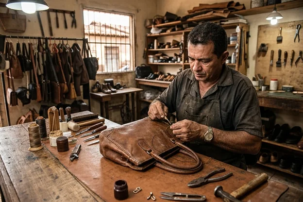Bolsa de couro em processo de reforma, realçando o trabalho artesanal.