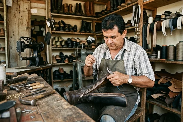 Bota sendo consertada pelo sapateiro, com zíper exposto.