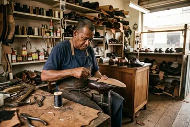 Sapatos sociais prontos para reforma em uma oficina.
