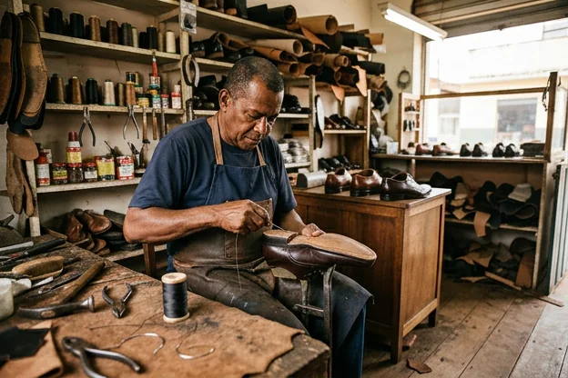 Sapatos sociais prontos para reforma em uma oficina.