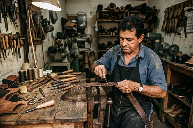 Cinto de couro sendo reparado por um sapateiro.